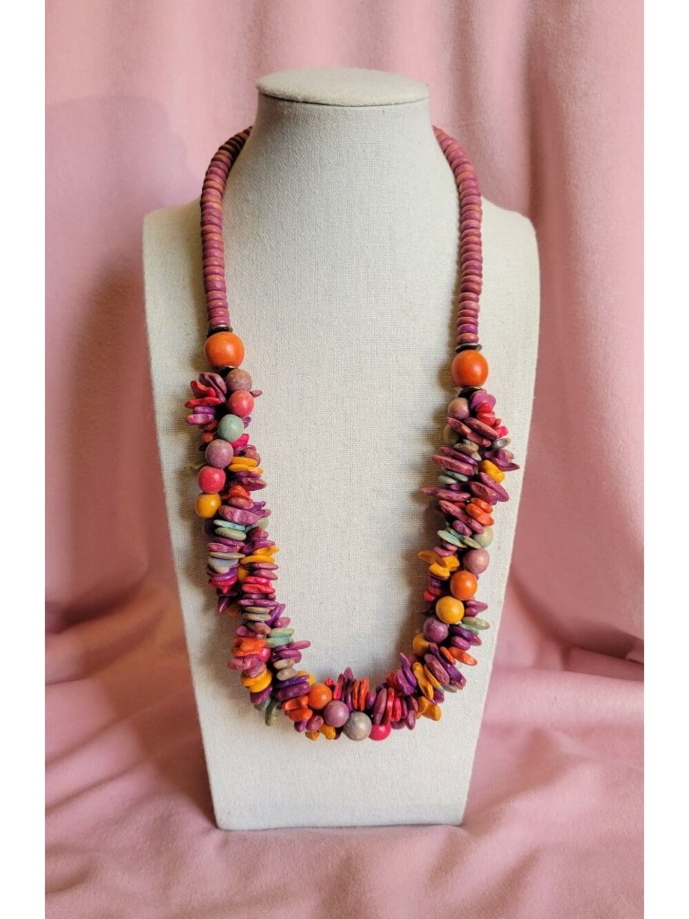 Colorful Pink Purple Orange Layered Twisted Faux Wood Disk Beaded Necklace N1F